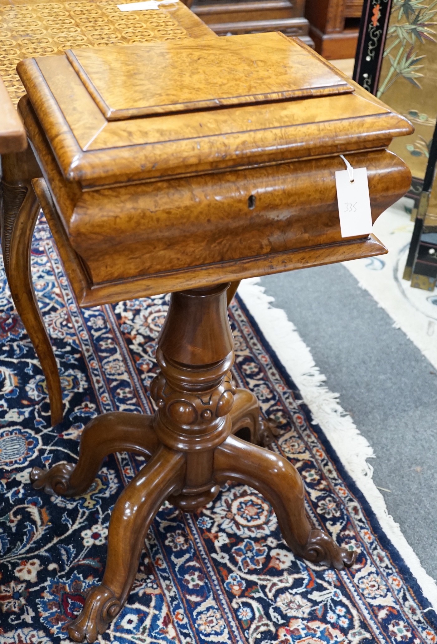 A Victorian burr walnut sarcophagus work table, width 38cm *Please note the sale commences at 9am.